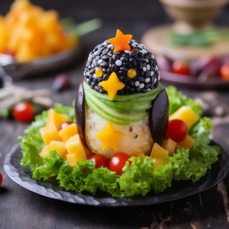 a baby penguin perches on a plate, surrounded by an elaborate fruit arrangement. the dark and spooky themes, witchy academia, and traditional japanese artistic techniques are evident in this image. the contrasting colors of light yellow and dark black, along with nature-based patterns, add to the eccentric creativity captured in this photograph. ai generatedの素材