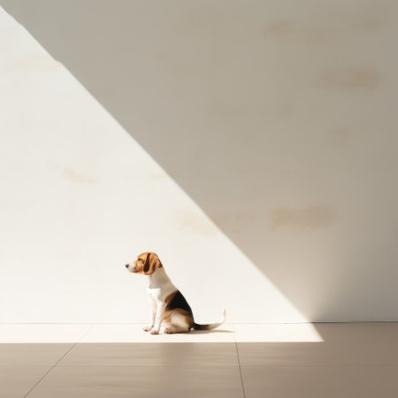 a dog sits on a wooden floor in a sunlit room, showcasing minimalist pop style. the photo, taken with a tokina at-x 11-16mm f/2.8 pro dx ii lens, embodies minimalist conceptualism and neo-concrete aesthetics. the white and amber tones create a visually striking composition. this captivating image, with sunrays illuminating the scene, has won a prestigious contest. ai generatedの素材