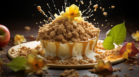 a dessert featuring apples with sprinkles on top, presented in a visually captivating style reminiscent of digitally manipulated images. the image showcases flowing textures and softbox lighting, reminiscent of national geographic photography. the dessert is adorned with spiky mounds of sprinkles, creating an enticing visual appeal. the unique touch of "rtx on" adds a modern twist to the composition. ai generatedの素材