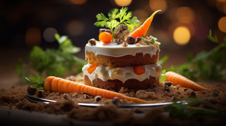 three carrot cakes with creamy frosting are beautifully presented on a plate, accompanied by frosted carrots. this whimsical multimedia-style photograph captures the exquisite lighting and multi-layered compositions. the matte finish enhances the high resolution of the image, creating a festive atmosphere with its layered images. ai generatedの素材