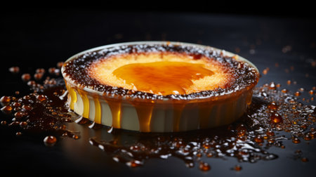 a dessert with a liquid filling is showcased on a table, exuding an elegant combination of light gold and dark amber hues. this high-resolution photograph, captured by stephen shortridge and inspired by the works of fernand toussaint, beautifully portrays raw vulnerability. the rim light and toning technique add depth and enhance the overall visual appeal. ai generatedの素材