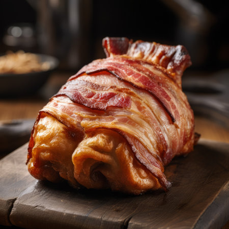 a wrapped bacon ham is showcased on a wooden board, featuring an aggressive quilting style. this high-resolution photo captures the light brown and light black tones of the ham. the image is influenced by crowcore, symbolist creations, absinthe culture, and deconstructive elements. ai generatedの素材