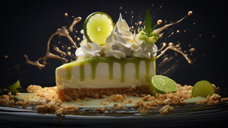 a piece of cheesecake sits delicately on a serene water surface, surrounded by a captivating blend of light black and green hues. this 32k uhd image showcases elaborate detailing, capturing the essence of mood and atmosphere. inspired by advertisements, the precisionist style of this contest-winning photo is sure to captivate viewers. ai generatedの素材