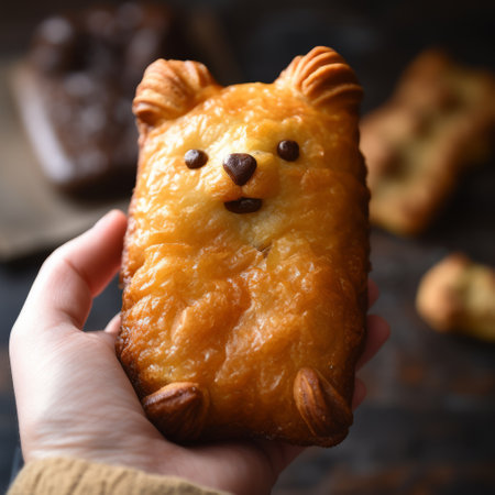 a person holding a stuffed bread animal, showcasing traditional japanese artistic techniques. the caninecore-inspired creation features a combination of light gold and dark amber hues. the close-up shot highlights the playful use of texture, resulting in a furry and adorable artwork that is both cute and colorful. ai generatedの素材