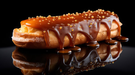 a photo of a doughnut with caramel sauce and seeds, inspired by the artistic style of mike campau. the image showcases an elongated and dramatic presentation, reminiscent of the linear delicacy found in the works of cai guo-qiang. the doughnut appears slightly soggy, with ultrafine details capturing every texture. this mouthwatering creation is a masterpiece from tom's barcel. ai generatedの素材