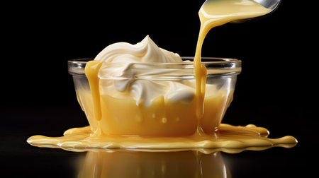 a spoon is pouring hot sauce into a container, creating a visually striking image with dark yellow and light white layers. the composition features multidimensional textures resembling flowing fabrics, reminiscent of cheese. this captivating photograph was captured using the zbrush software and the hasselblad h6d-400c camera, showcasing a process-oriented approach. ai generatedの素材