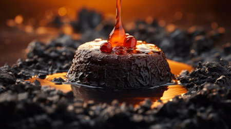 a lava cake, rendered in unreal engine, sits on a tray amidst dark brown sand. the scene is enhanced with water drops, creating a captivating effect. the lighting features shades of light red and dark amber, adding depth to the fluid landscapes. the composition showcases elements of backlit photography, industrial photography, and layered organic forms. ai generatedの素材