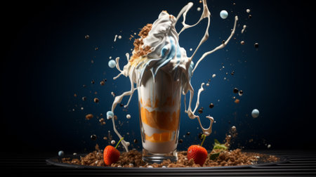 a milkshake, topped with ice cream, is presented in a circular glass. this photograph, inspired by dynamic and dramatic compositions, showcases a captivating blend of dark cyan and orange hues. the artistic style of erik johansson is evident, with flowing fabrics creating an explosive and chaotic atmosphere. the influences of serge marshennikov and david mould can also be observed. ai generatedの素材