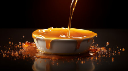 honey flowing in a small white bowl on a black background. this stock photo showcases a clever juxtaposition of colors and textures. rendered in the style of unreal engine, it features a realistic color palette. influenced by the works of carl kleiner, ed freeman, and peter sculthorpe, this image is available under a creative commons attribution license. ai generatedの素材