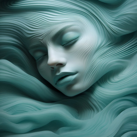 a photo showcasing the ethereal beauty of a 3d printed artwork. the piece features a mesmerizing blend of light silver and teal colors, with flowing lines reminiscent of art nouveau. the fantasy illustration is brought to life through soft color blending, textured impasto layers, and a touch of motion blur. ai generatedの素材