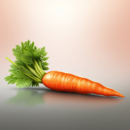 a carrot with parsley is placed on a gray surface, showcasing a realistic landscape style with soft edges. the detailed character design captures the realistic portrayal of light and shadow. the matte background, color gradient, smooth and curved lines enhance the overall aesthetic. this image is perfect for illustrated advertisements. ai generatedの素材
