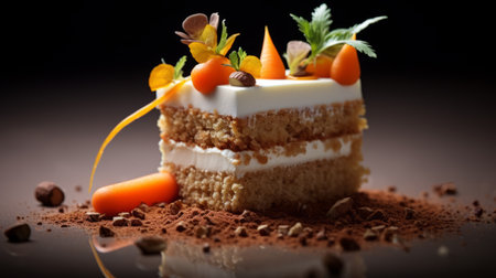 a delectable slice of carrot and walnut cake, captured in the artistic style of mario testino. this matte photograph showcases the luxuriant textures of the cake, with earth tones adding to its visual appeal. the elaborate borders add a touch of elegance to this creative commons attribution image by dmitry spiros. ai generatedの素材