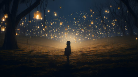 a kid in a white and red shirt gazes at forest lanterns and a tree at night. the image showcases dreamy landscapes with a dark sky-blue and dark gold color palette. the soft and dreamy depictions are enhanced through digitally manipulated images, creating a mesmerizing scene. glowing lights and a soft atmospheric perspective add to the enchantment, while a golden light illuminates the surroundings. aiの素材
