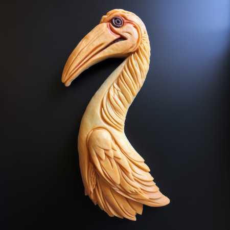 a 3d printed wood carving of a lovecraftian-inspired cockatoo, featuring symbolic elements. this wall sculpture and installation, created using zbrush, showcases intricate details and a blend of light orange and light black colors. with a resolution of 32k uhd, this unique piece captures the essence of the 1000-1400 ce era. ai generatedの素材