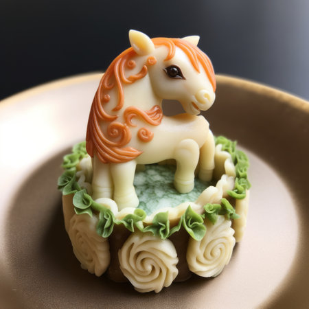 a horse cake adorned with red and white flowers, inspired by ancient chinese art. the cake features a light orange and light green color scheme, with translucent resin waves adding a unique touch. the design incorporates elements of kintsukuroi and unicorncore aesthetics, and it has been beautifully rendered in cinema4d, showcasing intricate carving details. ai generatedの素材