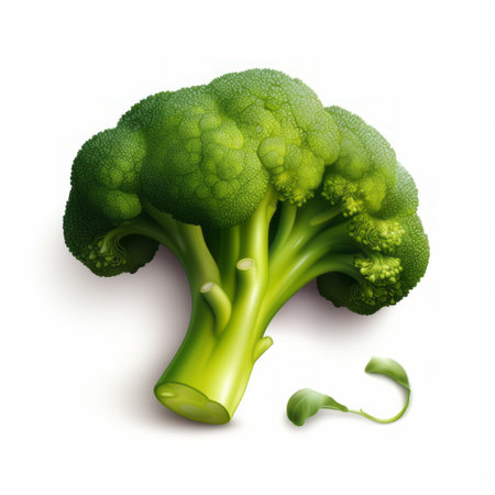 a vector illustration of a head of broccoli, showcasing meticulous photorealistic details. this artgerm style piece captures the realistic portrayal of light and shadow, against a clean white background. created by scott adams, this vibrant illustration features a loose paint application technique. ai generatedの素材