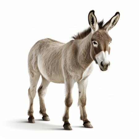 a donkey, captured in the artistic style of john wilhelm, stands on a pristine white background. this ultra-high-definition image, reminiscent of the works of david nordahl and stanley pinker, showcases the donkey's unique texture. the sharp and prickly details are brought to life, creating a visually captivating photograph. ai generatedの素材