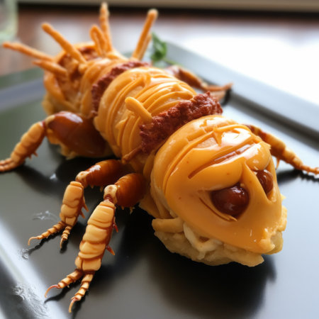 a creature-shaped sculpture sits atop a plate, showcasing a unique blend of insect-inspired design and cheese-like texture. the artwork, reminiscent of makoto shinkai's style, features a captivating combination of dark beige and orange hues. the image is enhanced with a sabattier filter, adding a touch of intrigue to the soggy, sandara tang-inspired composition. ai generatedの素材