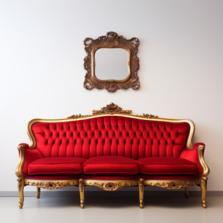 an old red couch with gold accents sits gracefully in a white environment, exuding a mirror-like immaculate perfectionism. its realistic detailing and comfycore appeal make it a standout piece. this restored and repurposed couch showcases a touch of rococo elegance, making it a deserving contest winner. ai generatedの素材