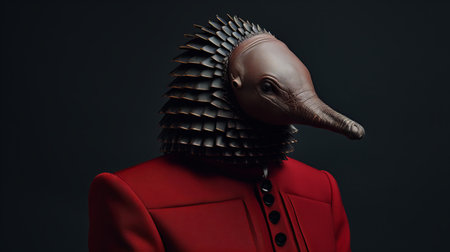 a woman in a vibrant red wig is dressed as a porcupine, complete with an animal mask. this unique and eye-catching costume, rendered in the style of unreal engine, showcases the exquisite detail reminiscent of the works of peter gric. the combination of elements like cobras, miniature sculptures, kadir nelson, and slawomir maniak adds an intriguing touch to this visually captivating image. ai generatedの素材