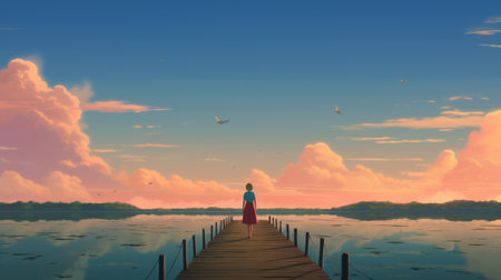 a girl standing on a dock, captivated by the clouds above. this animated film-inspired photo showcases the influence of anime art. with a resolution of 32k uhd, the light red and blue hues create a romantic atmosphere. the illustration beautifully captures the horizons, leaving one in awe of its breathtaking beauty. ai generatedの素材