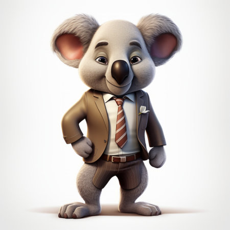 a photorealistic rendering of a cartoonish koala in a suit, portrayed as a vector dj in the style of daz3d. the image features digitally enhanced details, crosshatched shading, and a storybook-esque character design. letras y figuras merge seamlessly in this unique and captivating animation. ai generatedの素材