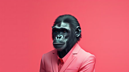 a man dressed as a monkey wearing pink stands out in this photorealistic composition. the minimalist black and white style enhances the saturated colorism, creating a striking contrast. the realistic animal portrait captures the essence of the subject, while the shiny and dignified poses add a touch of elegance. this artwork is reminiscent of hein gorny's style. ai generatedの素材