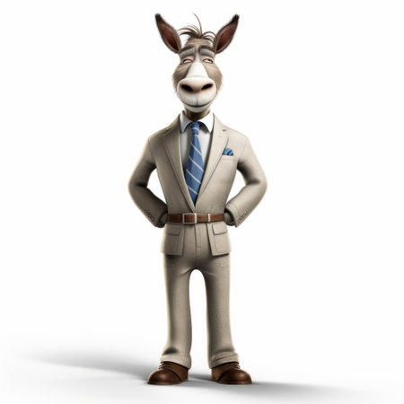 a cartoon donkey in a suit eagerly awaits a business trip. this lifelike rendering showcases the donkey's expressive face and strong facial expression. the image is in 8k resolution, with a light white and dark beige color scheme. the donkey's style is kombuchapunk, socially minded, and classicist. ai generatedの素材