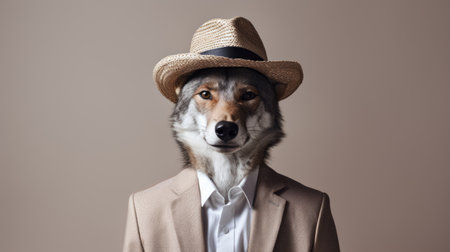 an asian dog with an elegant silver and brown coat poses for a portrait, exuding playful absurdity. this dog portrait captures the animal's unique features in the style of sacha goldberger, joseph beuys, and eric fischl, combining an elegantly formal aesthetic with a touch of whimsy. ai generatedの素材