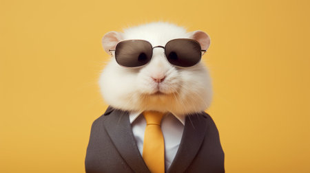 a white hamster wearing sunglasses is captured in a fine art photography style. the hamster is dressed in a shirt and tie, adding a touch of sophistication to the image. the photo is presented in 8k resolution, showcasing vibrant colors of light yellow and dark orange. with a blend of styles and a focus on substance over style, this image exudes a smooth and polishedの素材