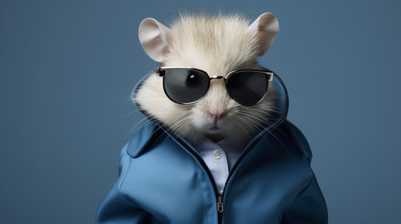 a hamster, dressed in a jacket and sporting sunglasses, poses for a conceptual portraiture photo. the white and blue color scheme, reminiscent of precisionist style, complements the hamster's stylish costume design. the image, shot on 70mm film, showcases the smooth and polished aesthetic, with a touch of goosepunk inspiration. ai generatedの素材