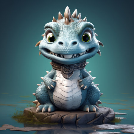 a cute blue dragon toy sculpture is depicted in this cartoon-style image. the dragon is seen resting on a rock, with vray tracing adding a realistic touch to the water drops. the artwork showcases a blend of dark white and light cyan tones, resembling xbox 360 graphics. the overall effect is a charming and adorable caricature-like creation, reminiscent of zbrush designs. ai generatedの素材