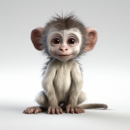 a playful monkey with big expressive eyes and a furry coat is depicted in this artwork inspired by the styles of raphael lacoste, anne geddes, and daz3d. the monkey's emotive gestures and expressions bring a sense of liveliness to the light gray background. this playful cartoon captures the essence of junglecore aesthetics. ai generatedの素材