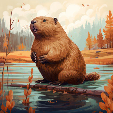 a beaver standing in a pond surrounded by autumn trees, depicted in a hyper-realistic style reminiscent of oleg shuplyak's editorial illustrations. the artwork showcases flat brushwork, vibrant color gradients, and a stunning level of detail. this illustration captures the essence of nature and the beauty of the beaver's habitat. ai generatedの素材