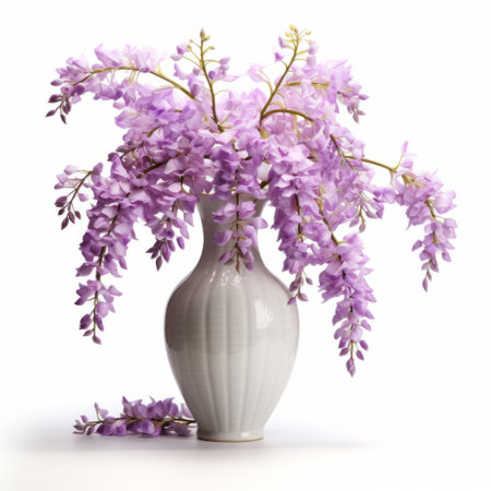 a vase filled with vibrant purple flowers stands gracefully against a pristine white background. this daz3d-rendered image captures the essence of japanese-inspired imagery, with its tranquil gardenscapes and monochromatic color scheme. the arrangement exudes a sense of tranquility, reminiscent of kintsukuroi art and the emerging kimoicore aesthetic. ai generatedの素材