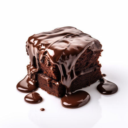 a dark chocolate cake is showcased on a white background, adorned with a luscious icing sauce. the cake has a unique blocky appearance, resembling a melting masterpiece. the photograph is captured using cross processing techniques, resulting in vibrant colors and contrasting tones. shot with an iso of 200, this image is available under the creative commons attribution license and created using the unreal engine 5.の素材