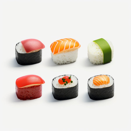 a variety of sushi types are beautifully displayed on a clean white table. this image showcases the artistry of sushi, with minimal retouching and hyperrealistic illustrations. the photograph captures the essence of the 1960s era, featuring soft and rounded forms. the high-resolution uhd image highlights the intricate details of the sushi. ai generatedの素材