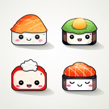 a set of sushi vector icons featuring smiley faces, inspired by kawaii manga style. the icons are in light red and white colors, with vibrant color blocks. they incorporate wimmelbilder elements and traditional costumes. these creative commons attribution icons prioritize emotion over realism. ai generatedの素材