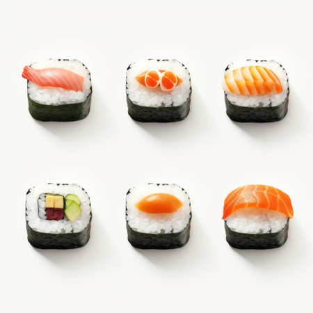 sushi rolls, beautifully arranged on a white background, showcase a variety of toppings. this realistic depiction captures contrasting shadows and muted tones, while vibrant color blocks add a touch of vibrancy. with hyper-realistic details, the rolls stand out with their dark white and light orange hues. the use of vintage imagery adds a nostalgic charm to this enticing photo. ai generatedの素材