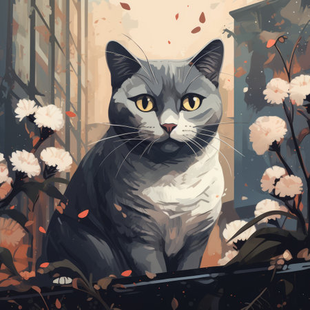 a gray black cat perched on a city rooftop, surrounded by soft, tonal colors and cherry blossoms. this realistic landscape captures the essence of 2d game art, portrait paintings, and editorial illustrations. the gray and amber tones create a captivating atmosphere in this multi-layered composition. ai generatedの素材