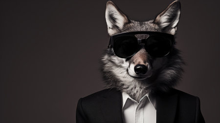 a black and white photo of a furry wolf wearing sunglasses, showcasing the sophisticated surrealism style of nicolas bruno. the image is elegantly formal, digitally enhanced with bold and contrasting colors. the softbox lighting adds depth to the composition, reminiscent of the artistic style of justin bua. ai generatedの素材