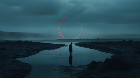 a white circle floats in the water against a dark background, resembling a matte painting. the image captures an otherworldly landscape with a touch of gothic futurism. the simplistic characters and the play of light cyan and red create an atmospheric portrait that is truly captivating. ai generatedの素材