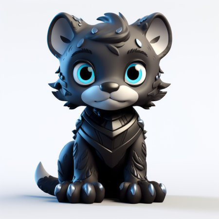 a 3d printed teddy bear with a futuristic fantasy twist. this adorable toy sculpture features a mischievous feline motif, shiny eyes, and a detailed feather rendering. the dark gray and black color scheme adds to its mysterious charm. perfect for lighting up a kid's imagination. ai generatedの素材