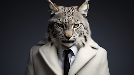 a lynx with a long coat, captured in a close-up shot, showcases a sophisticated surrealism style. the corporate punk influence is evident in the dark beige and white color palette. the lynx exudes a handsome and understated sophistication, complemented by the minimalistic approach. ai generatedの素材