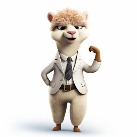 an animated llama, dressed in a stylish suit with his pants pulled up, is captured in this movie still-inspired image. the llama exudes a crisp and clean look, with a handsome light white and beige color palette. the strong facial expression adds to the overall appeal of this artwork by worthington whittredge, reminiscent of the style of posuka demizu. ai generatedの素材