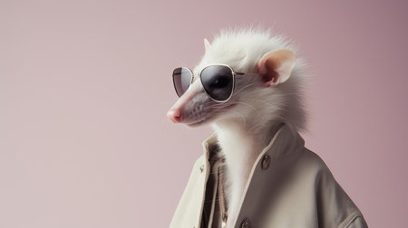 a stylish rat, donning sunglasses and a jacket, poses for the camera. this unique photograph, inspired by the artistic styles of mike campau, dariusz klimczak, and petrina hicks, showcases a crisp and clean aesthetic with a touch of exotic flair. the rat's fur is light white and light magenta, adding to the overall loose and fluid look of the image. ai generatedの素材