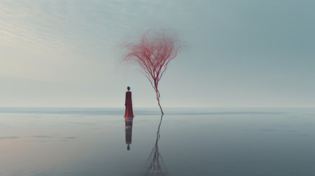 two trees, one large and one small, stand gracefully on the water in this minimalistic portrait. rendered in cinema4d, the ethereal beauty of the scene is enhanced by the presence of red threads. these dreamlike illustrations capture the essence of nature and exude a feminine imagery. ai generatedの素材