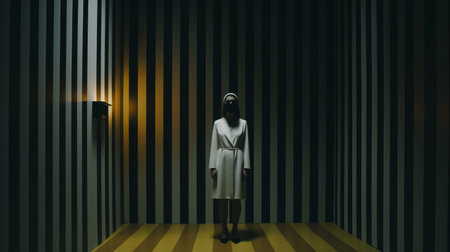 a woman stands in a dark room, surrounded by stripes and shapes, creating an otherworldly scene. this 8k resolution photo captures the essence of psychological horror with its light yellow and white tones. inspired by pop art installations, this movie still evokes a sense of intrigue and mystery. ai generatedの素材