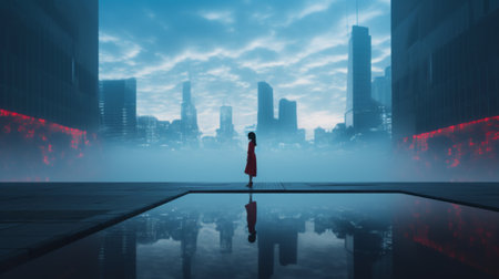 a cityscape at twilight, shrouded in fog, evoking a science-fiction dystopian atmosphere. the image showcases a mesmerizing blend of turquoise and crimson hues. captured by patty maher, the photograph incorporates forced perspective, reminiscent of an anime aesthetic. the visionary touch of bjarke ingels is evident in this stunning depiction of a city, with its reflection adding an ethereal quality. rtx on technology enhances the visualの素材