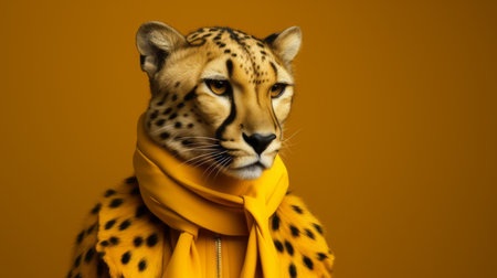 cheetah wearing a scarf poses for a portrait, reminiscent of iconic pop culture references. the image showcases a color palette of dark yellow and amber, employing photo-realistic techniques with minimal retouching. this uhd image draws inspiration from iconic album covers and the artistry of the northern renaissance. ai generatedの素材